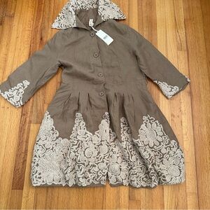 Firmiana Jacket Womens L Khaki Linen Floral Lagenlook (j6)